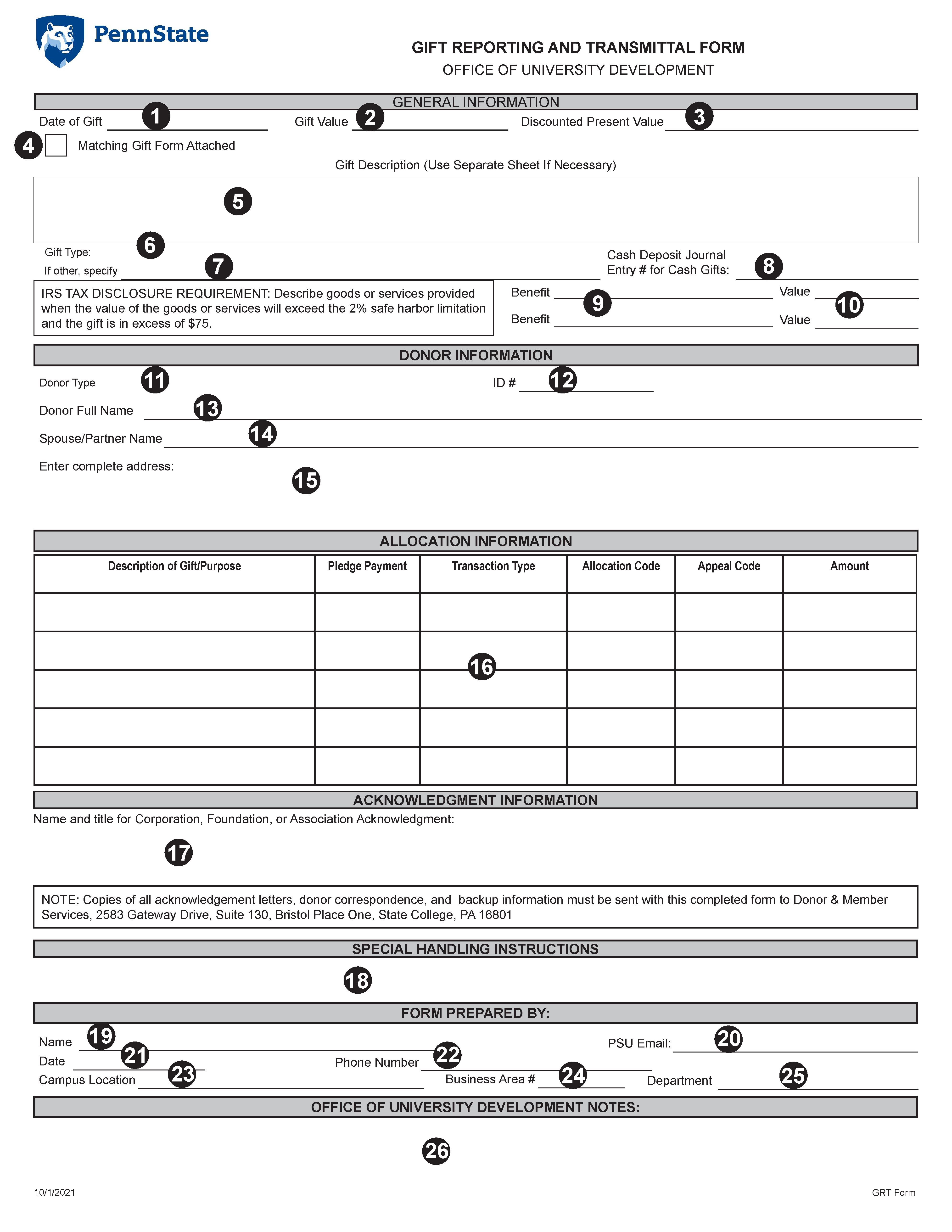 Image of Gift Reporting and Transmittal Form